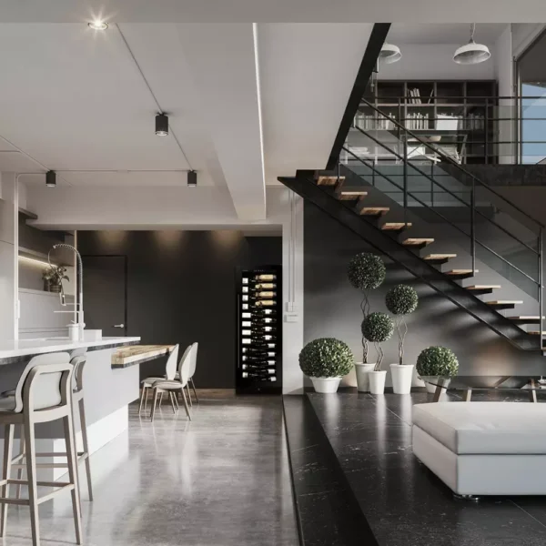 Unutrašnjost vitrine za vino Dunavox DX-143.468B sa drvenim policama