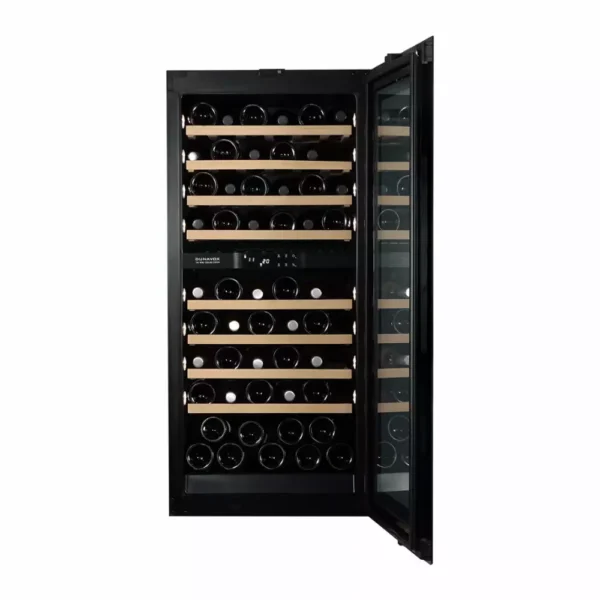 DUNAVOX DXJ-65.154DB vinski ormar (2) Unutrašnjost vitrinskog ormara za vino Dunavox DXJ-65.154DB sa drvenim policama
