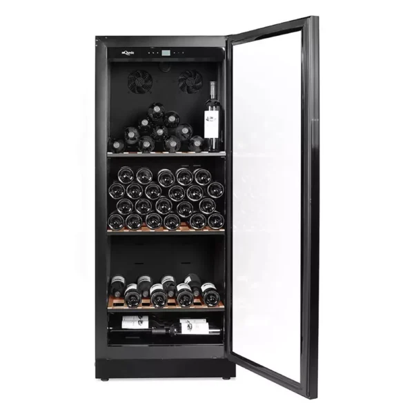 mQuvee VCB100SS-GLASS vinski izložbeni ormar (4) mQuvee VCB100SS GLASS vinski izložbeni ormar unutrašnjost sa drvenim policama