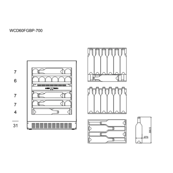 mQuvee WCD60FGBP-700 vinski ormar unutrašnjost sa drvenim policama